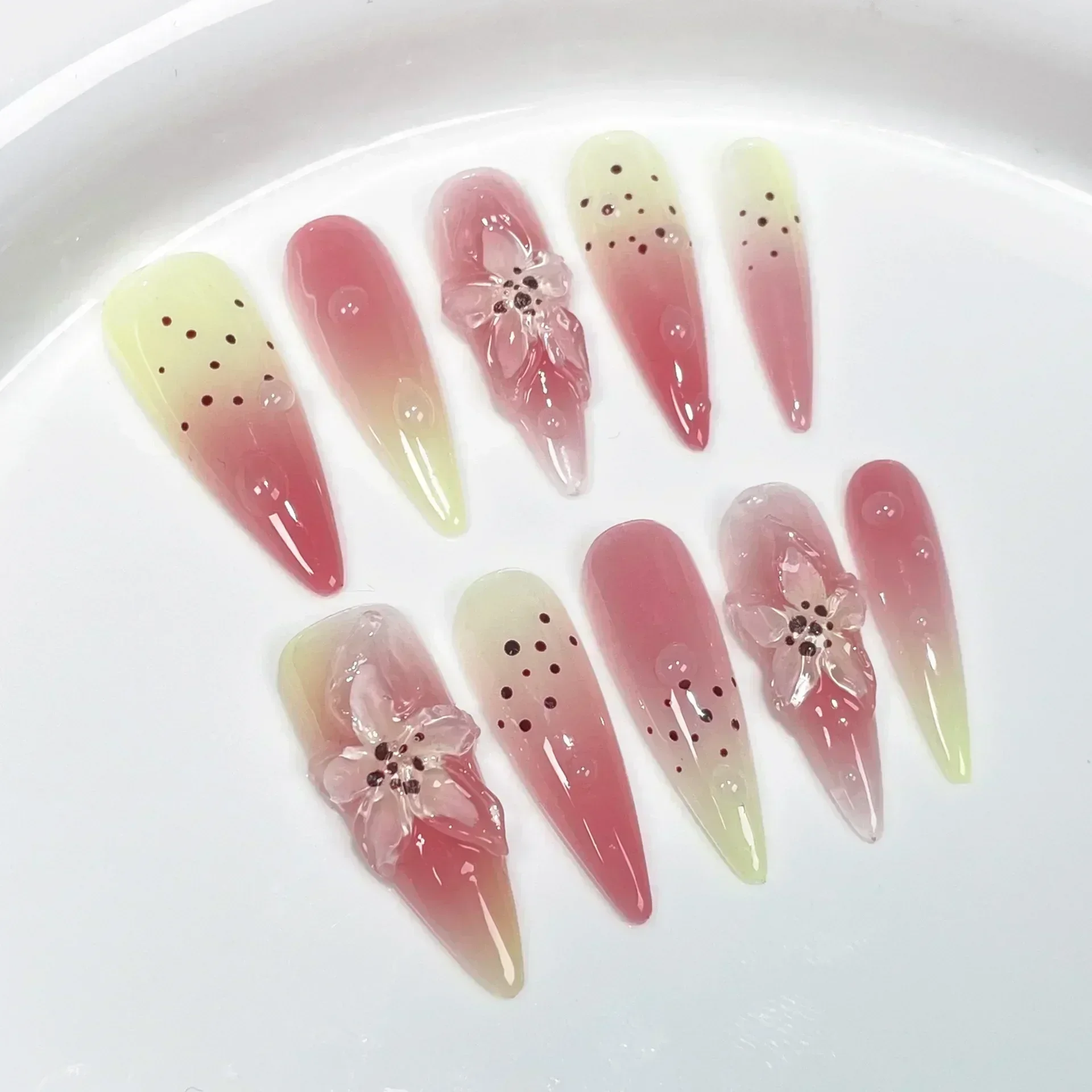 10pcs Aurora Gradient Pink Stiletto Almond Press On Nails Blue Long Fake Nails with 3D Heart Butterfly Sweet Cool Nail Tips Art
