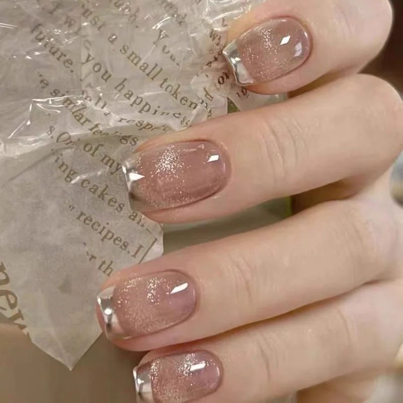 24Pcs Fake Nails French Cat Eye Short Style with Triple Sugar Design Magic Mirror Pink Press-On Nail Perfect Gift for Women