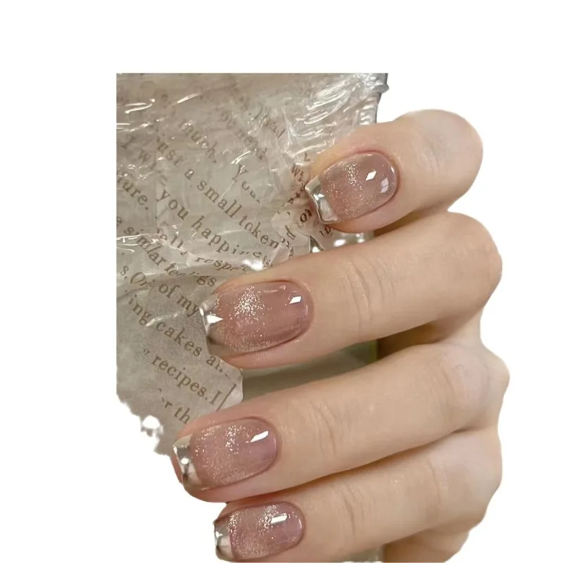 24Pcs Fake Nails French Cat Eye Short Style with Triple Sugar Design Magic Mirror Pink Press-On Nail Perfect Gift for Women