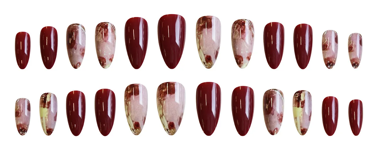 24Pcs Press-On Nail Set Gradient Red Rose Apricot Spicy Pink Burgundy Floral Designs Perfect Gift for Women and Friends
