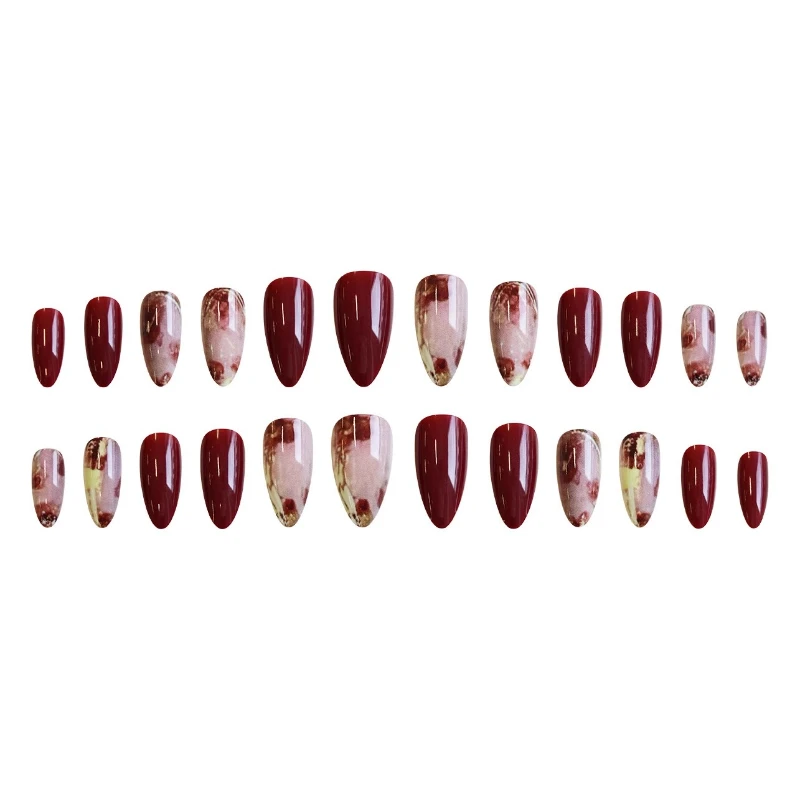24Pcs Press-On Nail Set Gradient Red Rose Apricot Spicy Pink Burgundy Floral Designs Perfect Gift for Women and Friends