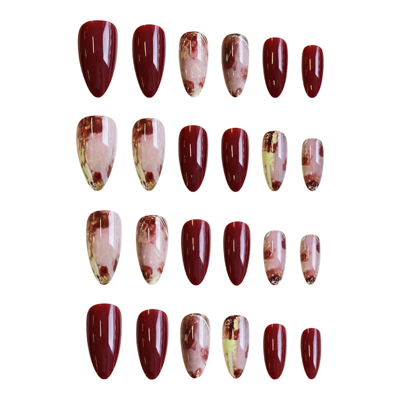 24Pcs Press-On Nail Set Gradient Red Rose Apricot Spicy Pink Burgundy Floral Designs Perfect Gift for Women and Friends