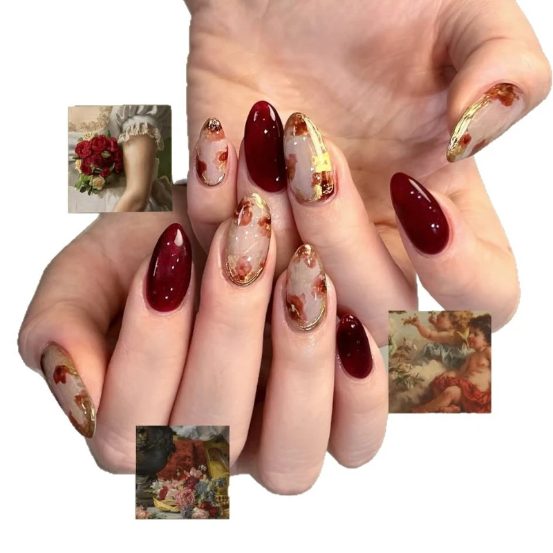 24Pcs Press-On Nail Set Gradient Red Rose Apricot Spicy Pink Burgundy Floral Designs Perfect Gift for Women and Friends