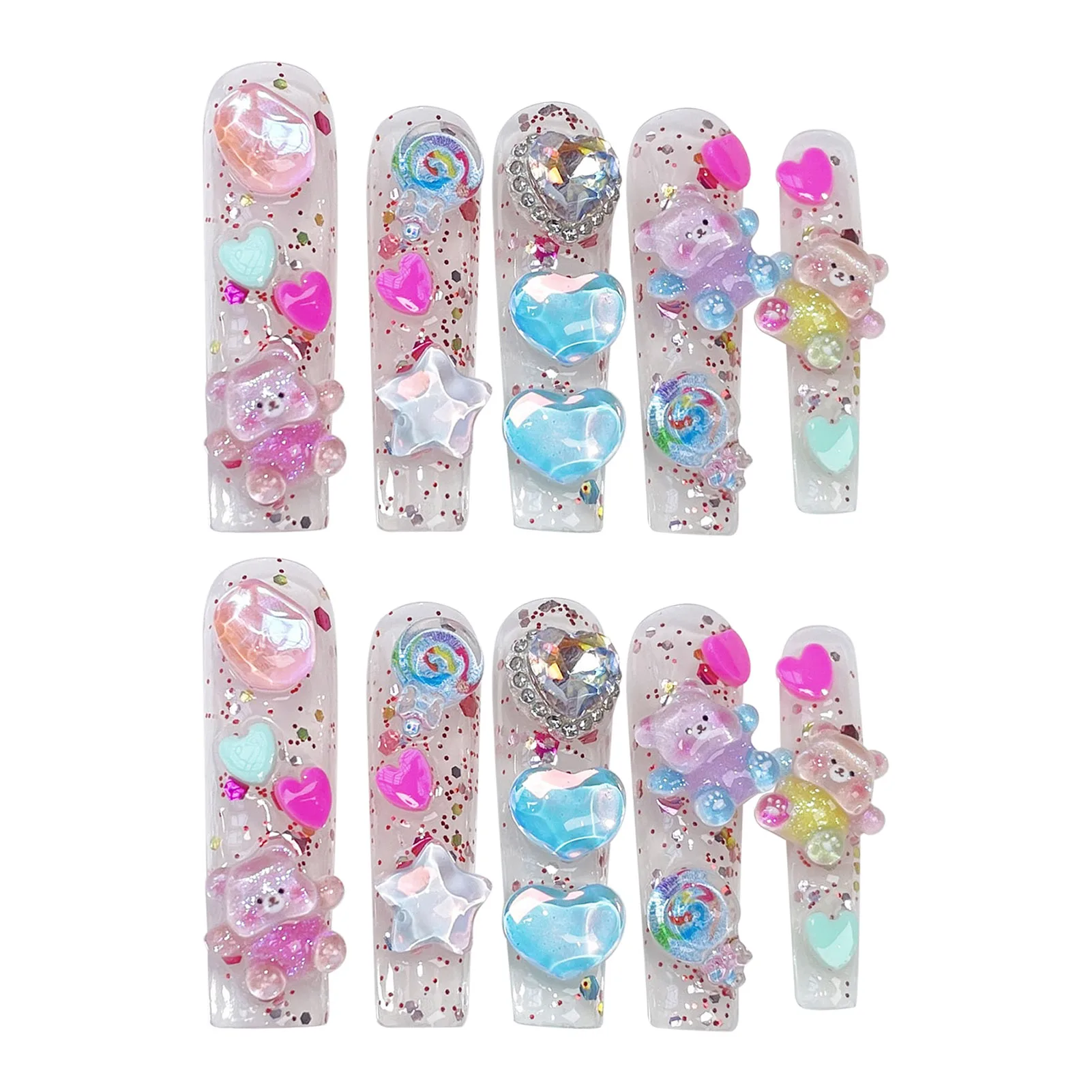 Handmade Extra Long Press on Nails Cute Bear Love Rhinestone Design Fake Nails Full Cover European Shiny False Nail Patches Handmade Extra Long Press on Nails Cute Bear Love Rhinestone Design Fake Nails Full Cover European Shiny False Nail Patches