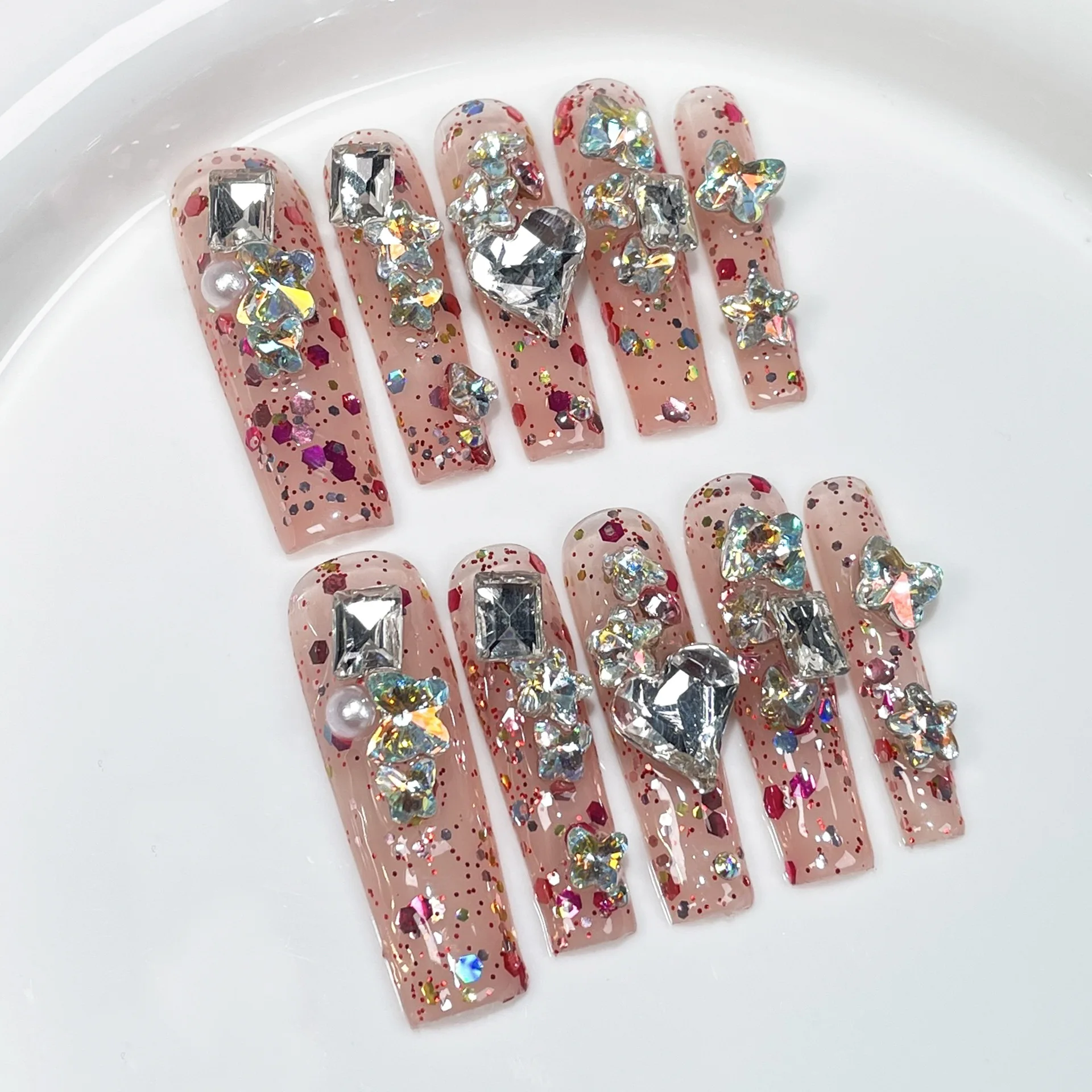 Handmade Extra Long Press on Nails Cute Bear Love Rhinestone Design Fake Nails Full Cover European Shiny False Nail Patches