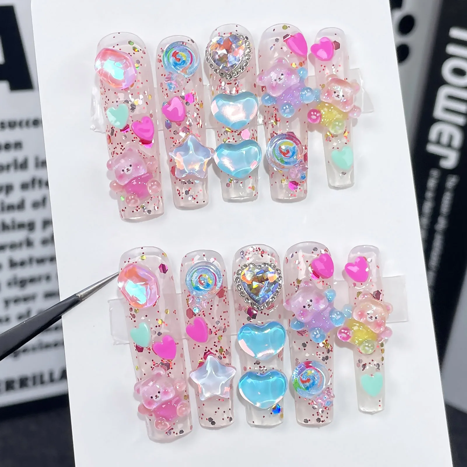 Handmade Extra Long Press on Nails Cute Bear Love Rhinestone Design Fake Nails Full Cover European Shiny False Nail Patches Handmade Extra Long Press on Nails Cute Bear Love Rhinestone Design Fake Nails Full Cover European Shiny False Nail Patches