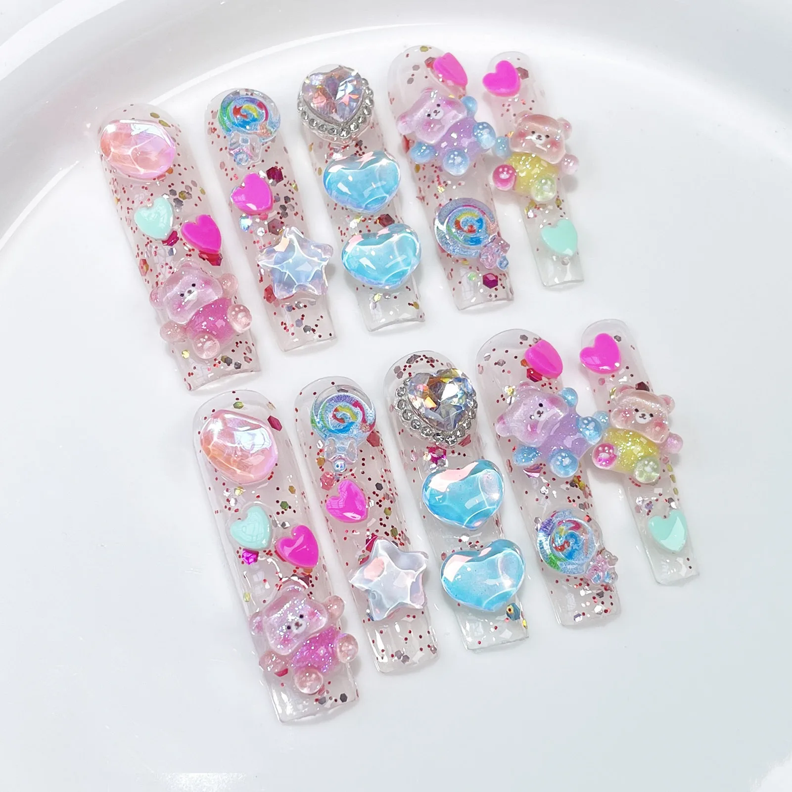 Handmade Extra Long Press on Nails Cute Bear Love Rhinestone Design Fake Nails Full Cover European Shiny False Nail Patches Handmade Extra Long Press on Nails Cute Bear Love Rhinestone Design Fake Nails Full Cover European Shiny False Nail Patches
