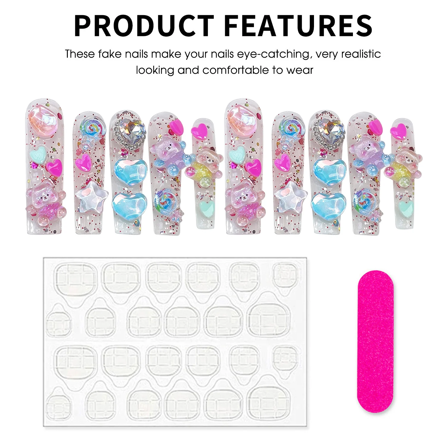 Handmade Extra Long Press on Nails Cute Bear Love Rhinestone Design Fake Nails Full Cover European Shiny False Nail Patches Handmade Extra Long Press on Nails Cute Bear Love Rhinestone Design Fake Nails Full Cover European Shiny False Nail Patches