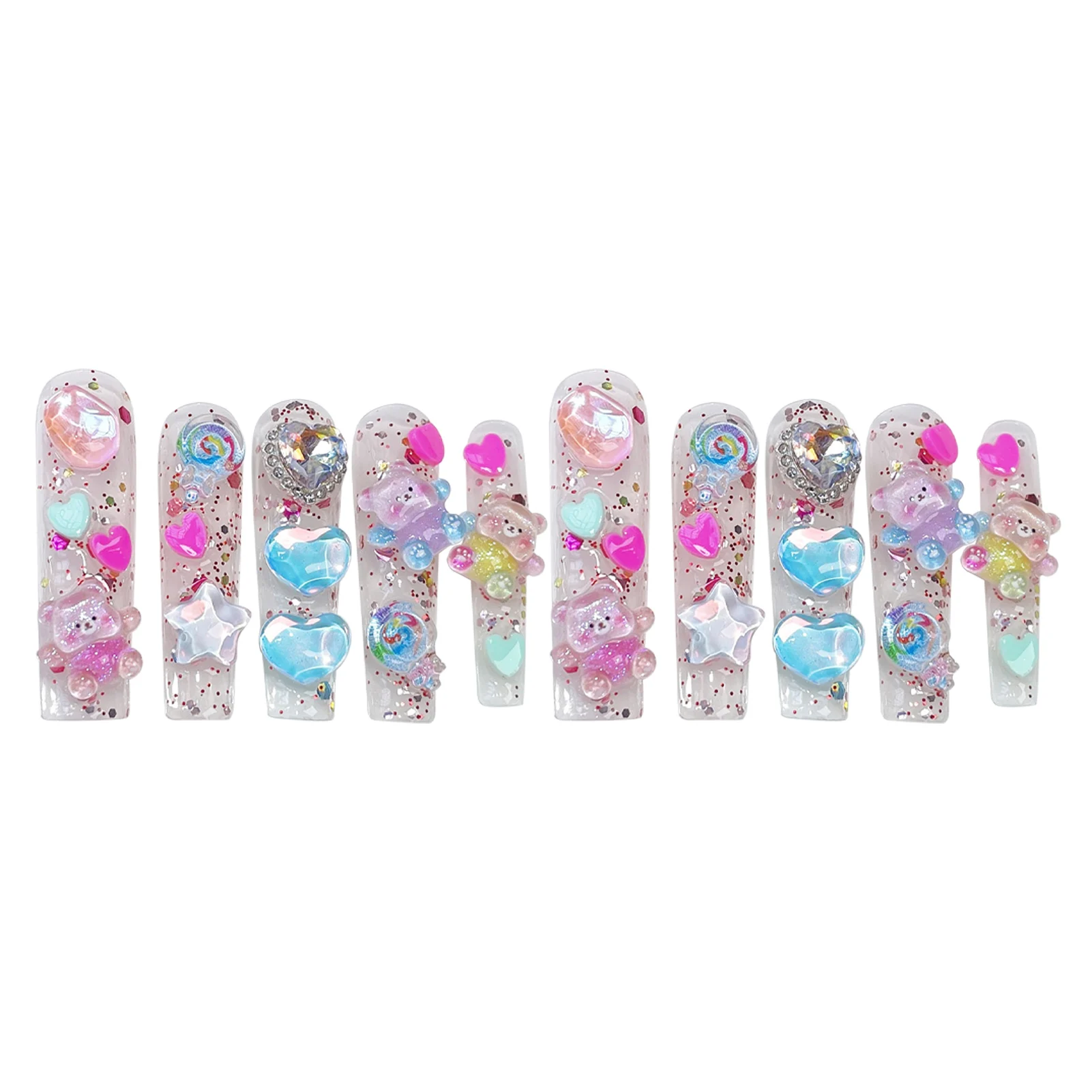 Handmade Extra Long Press on Nails Cute Bear Love Rhinestone Design Fake Nails Full Cover European Shiny False Nail Patches