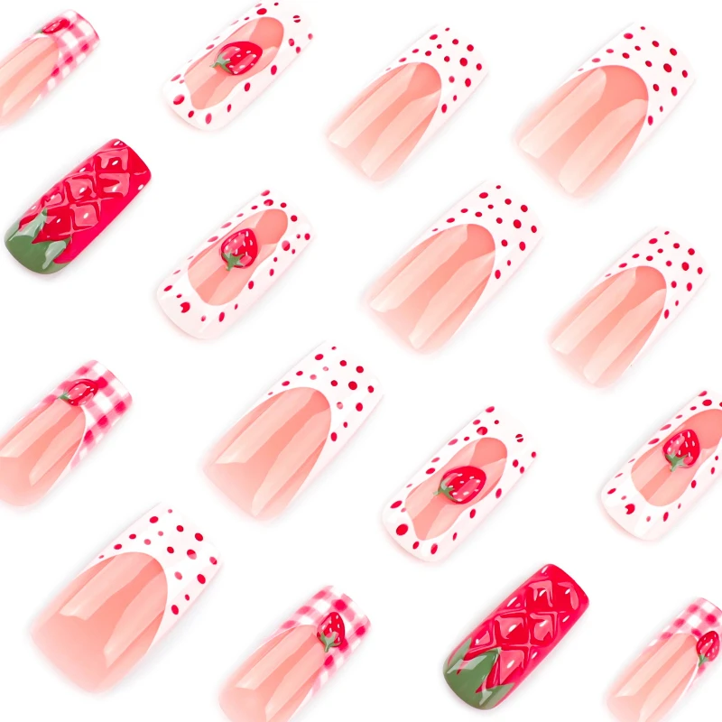 24Pcs Fake Nails 3D Strawberry Design Medium-Length Square Shape Sweet French Style Press-On Nails Perfect Gift for Girls