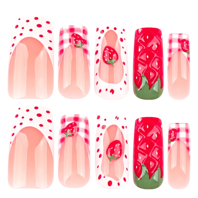 24Pcs Fake Nails 3D Strawberry Design Medium-Length Square Shape Sweet French Style Press-On Nails Perfect Gift for Girls