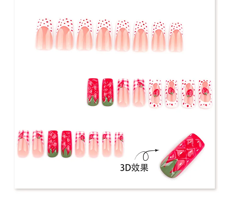 24Pcs Fake Nails 3D Strawberry Design Medium-Length Square Shape Sweet French Style Press-On Nails Perfect Gift for Girls