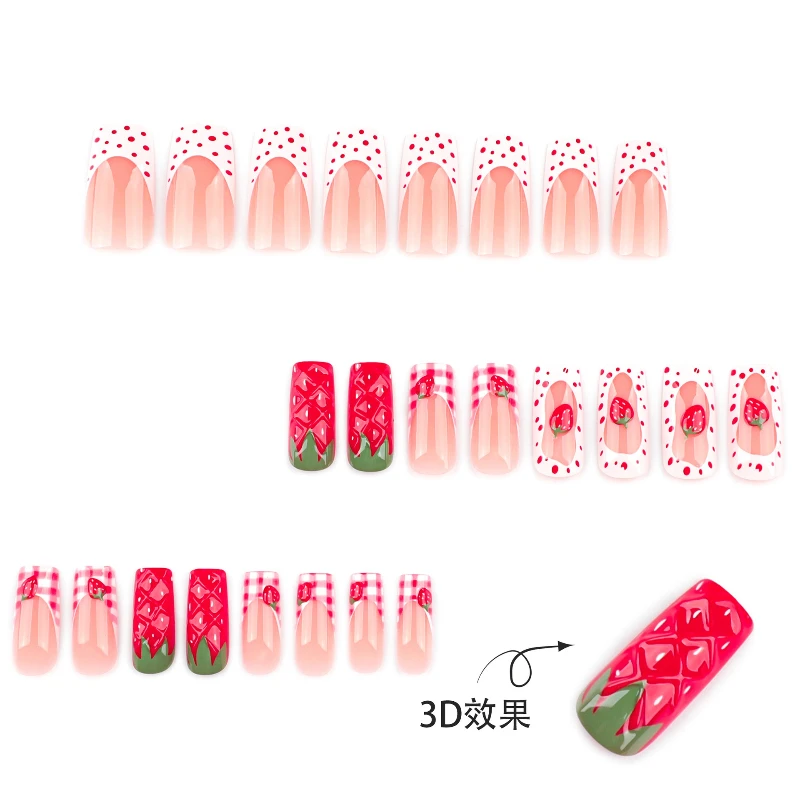 24Pcs Fake Nails 3D Strawberry Design Medium-Length Square Shape Sweet French Style Press-On Nails Perfect Gift for Girls