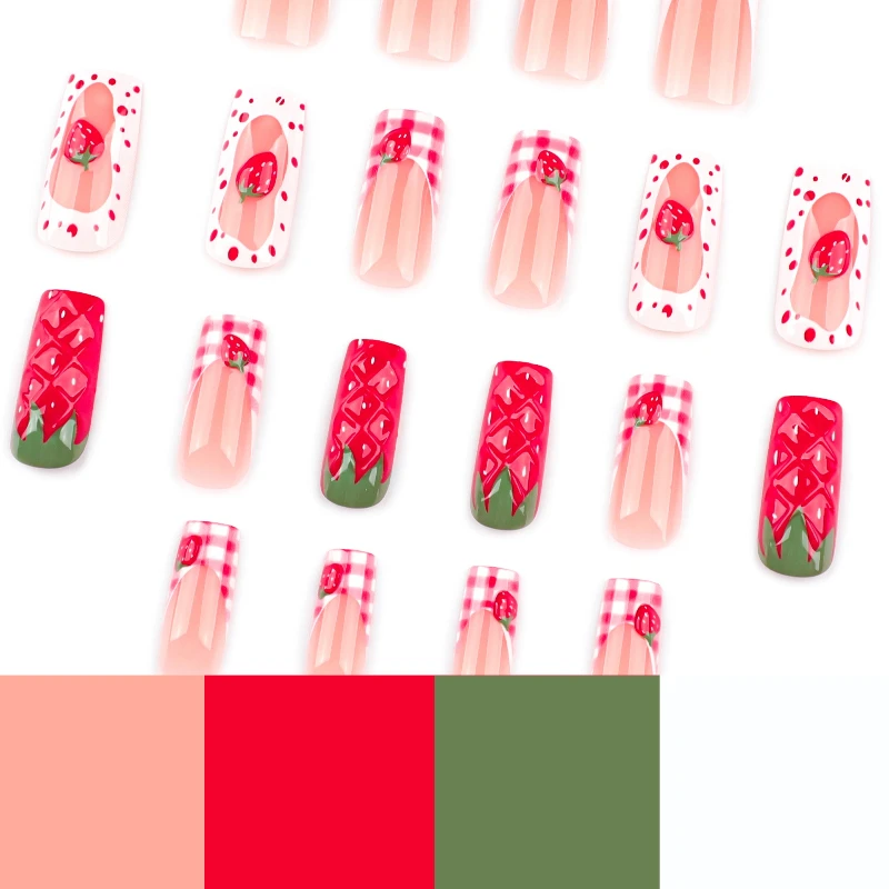 24Pcs Fake Nails 3D Strawberry Design Medium-Length Square Shape Sweet French Style Press-On Nails Perfect Gift for Girls