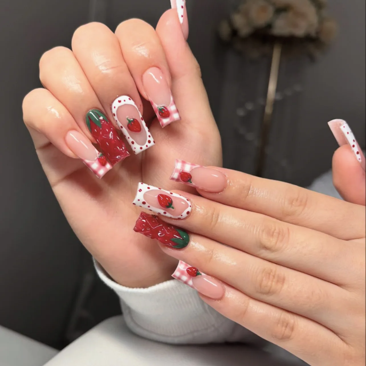 24Pcs Fake Nails 3D Strawberry Design Medium-Length Square Shape Sweet French Style Press-On Nails Perfect Gift for Girls