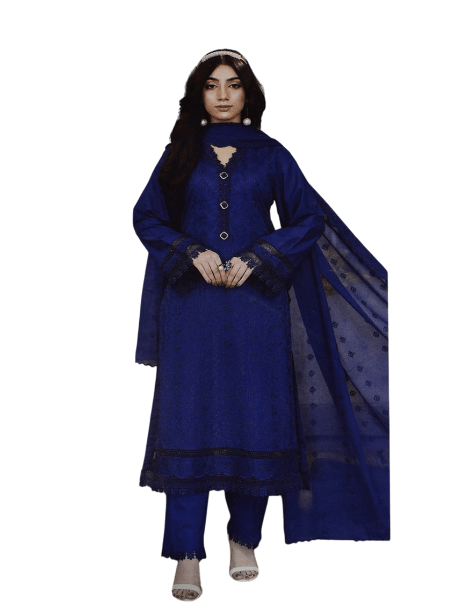 Women unstitched chikenkari lawn royal blue Fabric